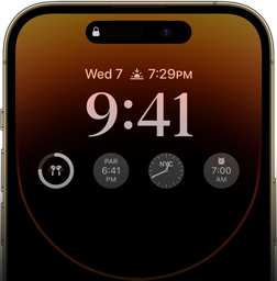 Przód iPhone’a 14 Pro z pokazanym niegasnącym wyświetlaczem, na którym widać godzinę, datę, cztery widżety i inne elementy.