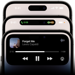 Ekrany iPhone’a 14 Pro pokazujące trzy różne formaty Dynamic Island.
