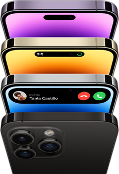 iPhone 14 Pro w czterech kolorach – gwiezdnej czerni, niebieskim, złotym i głębokiej purpury. Jeden model pokazany z tyłu i trzy modele pokazane z przodu z widocznym wyświetlaczem.