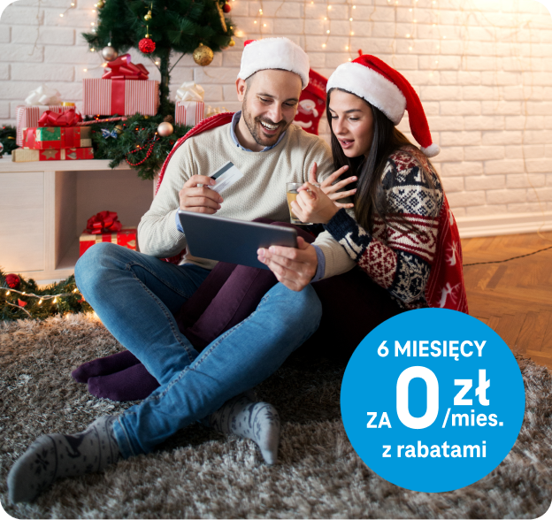 Obrazek przedstawiający zapakowane prezenty i bombka z napisem 30zł/mies z rabatami