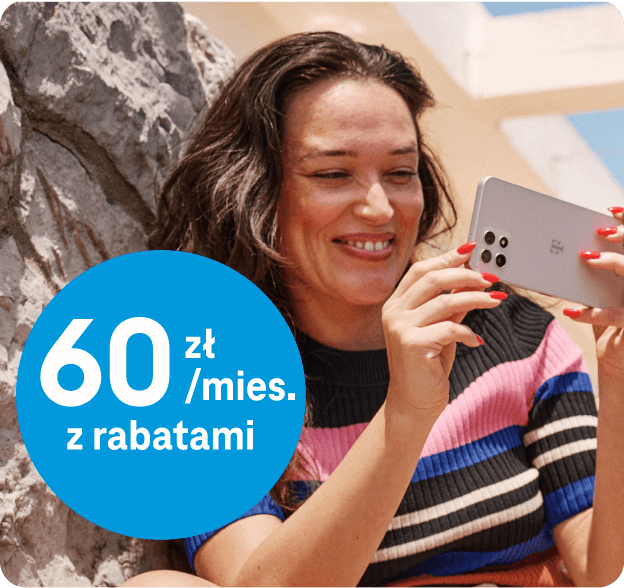 Obrazek przedstawiający kobietę z telefonem i opisem 60zł/mies z rabatami