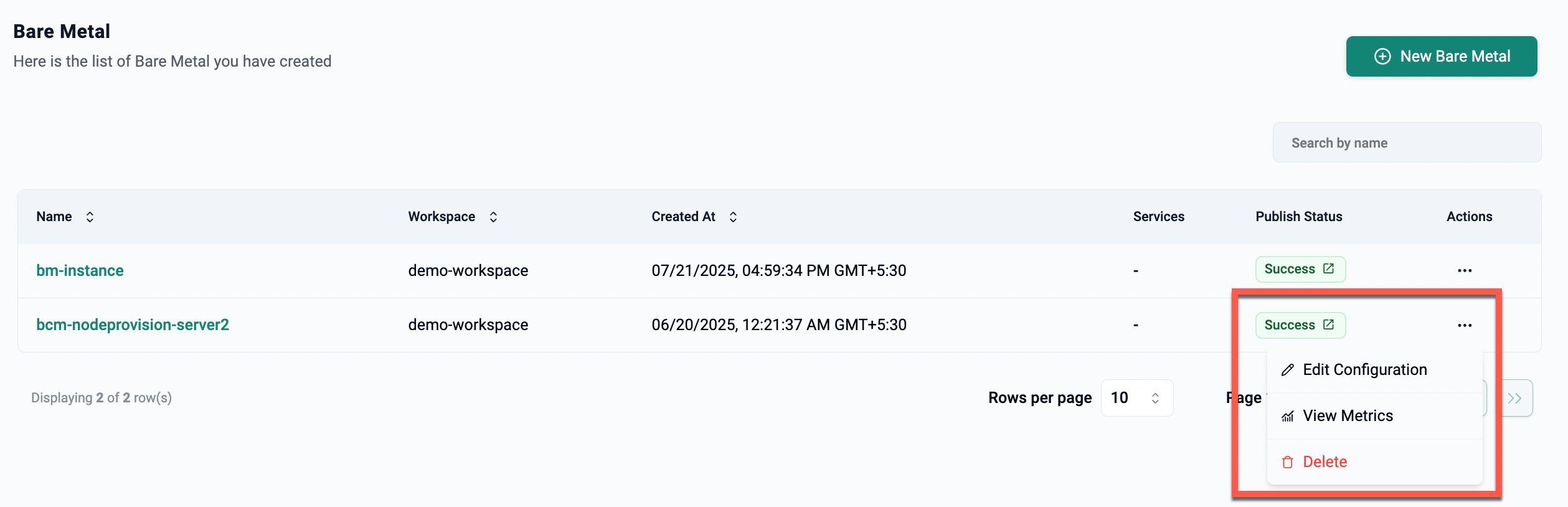View Metrics Menu