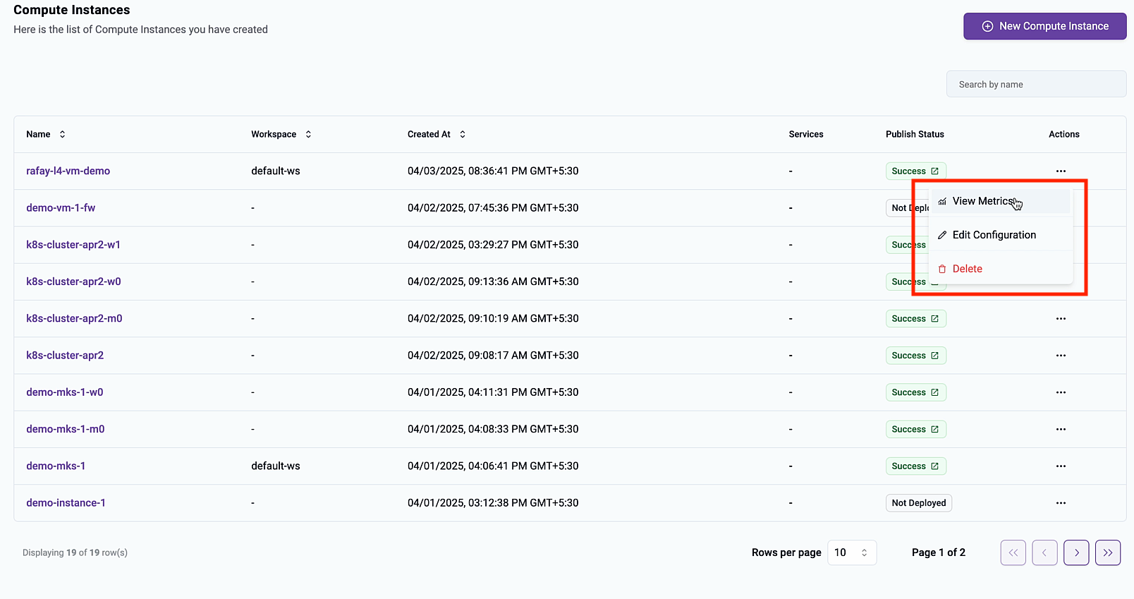 View Metrics Menu