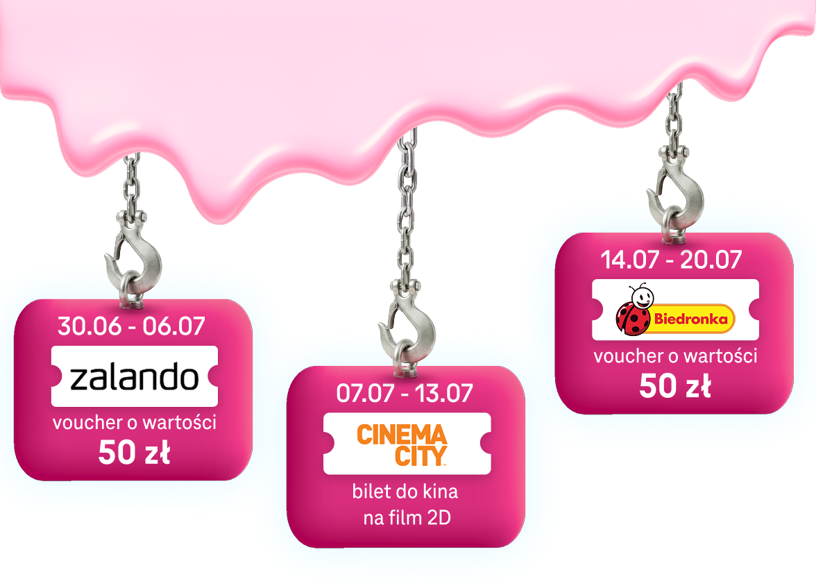 Nagroda 1  Data: 30.06 - 06.07 Logo: zalando Opis: voucher o&nbsp;wartości 50 zł Nagroda 2  Data: 07.07 - 13.07 Logo: CINEMA CITY Opis: bilet do kina na film 2D Nagroda 3  Data: 14.07 - 20.07 Logo: Biedronka Opis: voucher o&nbsp;wartości 50 zł