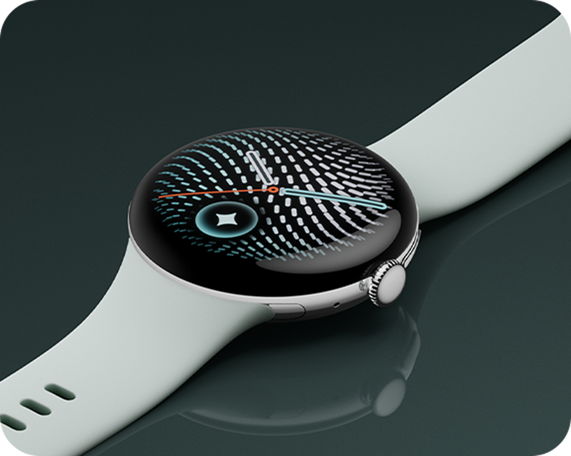 Zdjęcie zegarka Pixel Watch 5 w kolorze jasnoszarym.