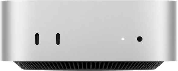 Mac mini, przód, dwa porty Thunderbolt, dioda statusu i gniazdo słuchawkowe, czarna, zwężana podstawa u dołu, płaski wierzch, zaokrąglone rogi, proste krawędzie, kolor srebrny