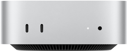 Mac mini, przód, dwa porty Thunderbolt, dioda statusu i gniazdo słuchawkowe, czarna, zwężana podstawa u dołu, płaski wierzch, zaokrąglone rogi, proste krawędzie, kolor srebrny