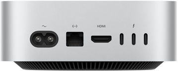 Mac mini, widok z tyłu, gniazdo zasilania, port Ethernet, port HDMI, trzy porty Thunderbolt