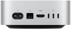Mac mini, widok z tyłu, gniazdo zasilania, port Ethernet, port HDMI, trzy porty Thunderbolt