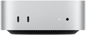 Mac mini, przód, dwa porty Thunderbolt, dioda statusu i gniazdo słuchawkowe, czarna, zwężana podstawa u dołu, płaski wierzch, zaokrąglone rogi, proste krawędzie, kolor srebrny