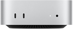 Mac mini, przód, dwa porty Thunderbolt, dioda statusu i gniazdo słuchawkowe, czarna, zwężana podstawa u dołu, płaski wierzch, zaokrąglone rogi, proste krawędzie, kolor srebrny