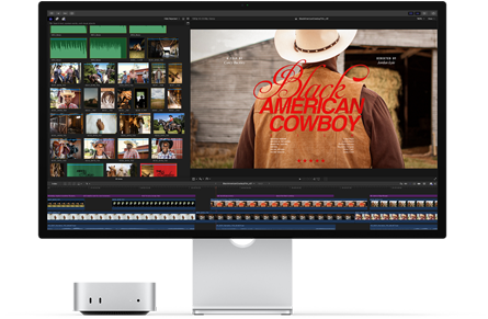Mac mini sparowany z monitorem Studio Display. Na ekranie widać tytuł filmu „Black American Cowboy”po prawej stronie i kilka kadrów z filmu po lewej