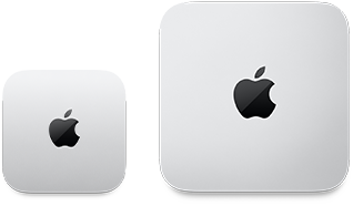 Dwa urządzenia Mac mini, widok z góry, obudowa ze srebrnego aluminium, zaokrąglone rogi, błyszczące czarne logo Apple pośrodku, urządzenie po lewej stronie jest nowszą wersją i mniejsze o połowę niż urządzenie po prawej