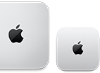Dwa urządzenia Mac mini, widok z góry, obudowa ze srebrnego aluminium, zaokrąglone rogi, błyszczące czarne logo Apple pośrodku, urządzenie po lewej stronie jest nowszą wersją i mniejsze o połowę niż urządzenie po prawej